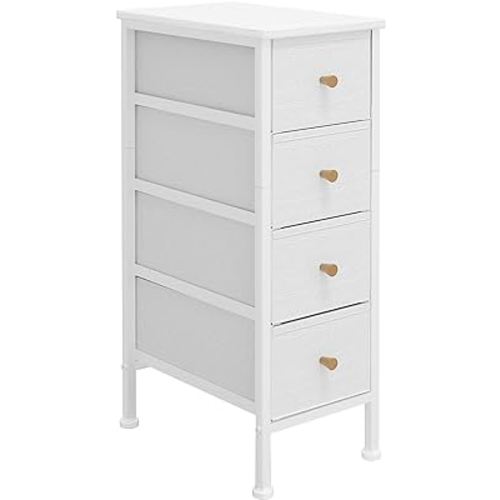 Narrow Dresser with 4 Drawers, Slim Drawer Storage Tower for Small Spaces, Slim Fabric Dresser with Leather Front & Wood Top, White Dresser for Bedroom/Living Room/Bathroom