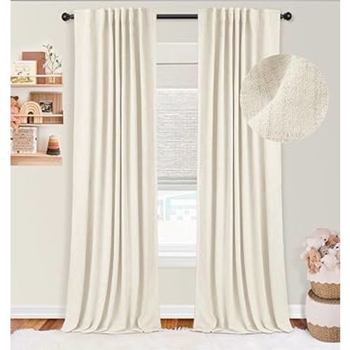 zeerobee 100% Cream Black Out Curtains 90 Inch Long 2 Panels Set, Linen Blackout Curtains 90 inches Long for Bedroom Living Room Nursery, Thermal Insulated Back Tab/Rod Pocket Curtains-W50XL90, Cream