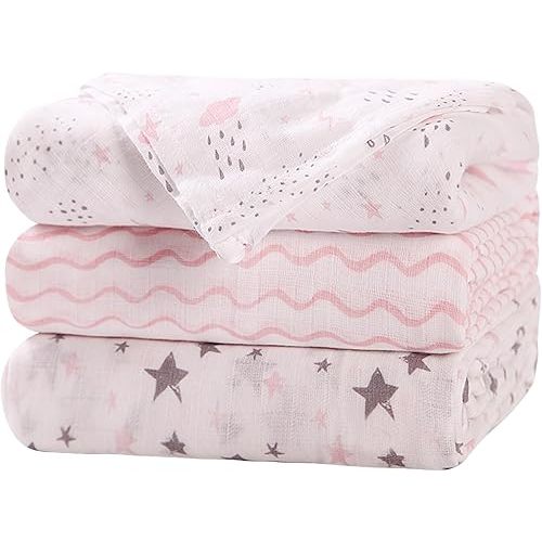 Little Grape Land Muslin Swaddle Blankets 47''x47'' 3 Pack, 100% Cotton Large Size Baby Swaddles for Newborn, Soft Breathable Baby Blankets for Newborns, Pink