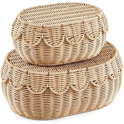 Juexica 2 Pcs Hand Woven Rattan Basket Scalloped Basket Wicker Basket for Nursery Storage Basket with Lid Decorative Basket with Lid for Organizing Food Bread Picnic Table Bathroom Decor(Natural)