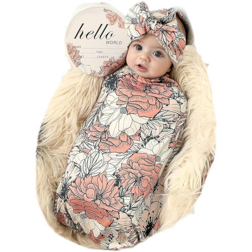 Galabloomer Newborn Receiving Blanket Headband Set Baby Flower Swaddle (cocal Almond)