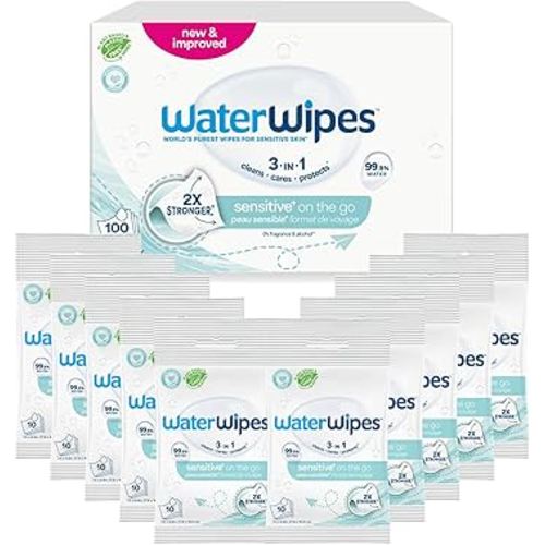 WaterWipes Sensitive+ On The Go Wipes, 3-In-1 Cleans, Cares, Protects, 99.9% Water, Unscented & Hypoallergenic Wet Wipes, 100 Count (10 Packs)