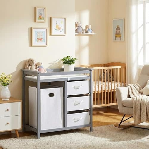 Modern Baby Changing Table with Laundry Hamper & 3 Drawers - Solid Wood Nursery Dresser Supports 40 Lbs, with Safety Strap & Waterproof Pad, Storage Organizer for Diapers, Clothes & Toys
