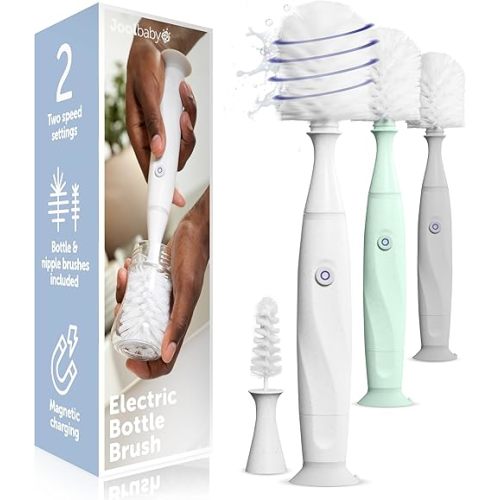 Jool Baby Electric Bottle Brush Cleaner – Faster & Easier Bottle Washing, Ergonomic, Rechargeable, Suction Cup Base (White)