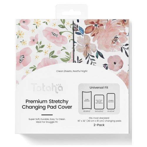 TotAha Premium Stretchy Changing Pad Covers (2-Pack) Hypoallergenic, Silky Comfort, Buttery Soft, Calming Effect, All-Season Jersey-Knit 5'' Deep Pocket(Meredith Allover Floral & Pale Pink Flowers)