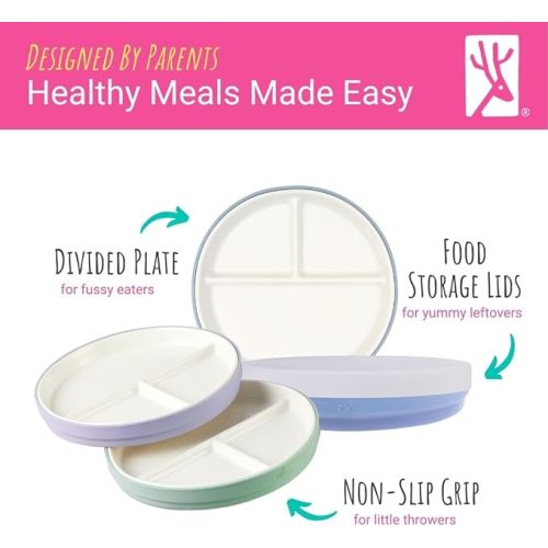 Elk and Friends Kids 6.7” Porcelain Divided Plates with Silicone Sleeves + Silicone Lids | Suitable for Babies/Kids/Toddlers | Microwave & Dishwasher Safe | Non Slip | Snack Dishes