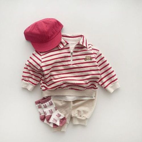 MyKids-USA Baby Cute Bear Embroidered & Striped Pattern Polo Neck Cotton Hoodies Black 73 (6-9M)
