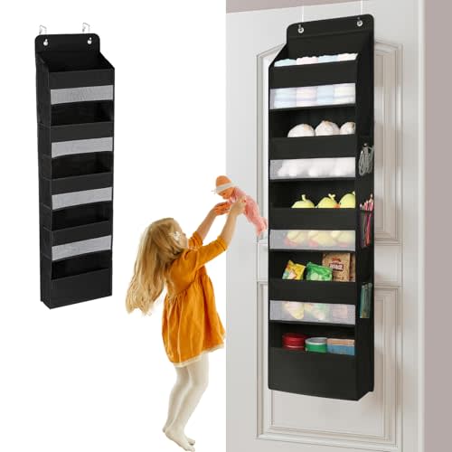 ZhenXingCheng Over the Door Organizer Storage 5 Shelves 1 Pack, Heavy Duty Organizer Hanging with Breathable Mesh, Behind the Door Storage Organizer for Bedroom, Nursery, Pantry (Black)
