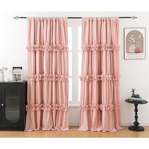 Thermal Insulated Blackout Window Curtains, Boho Ruched Window Treatments with 3 Rows of Butterfly Flowers, Rustic Rod Pocket Drapes, 2 Panels (Peach Pink, 52" W x 84" L)