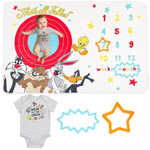 LOONEY TUNES Tweety Bird Daffy Duck Tasmanian Devil Baby Bodysuit and Monthly Milestone Blanket 4 Piece Newborn