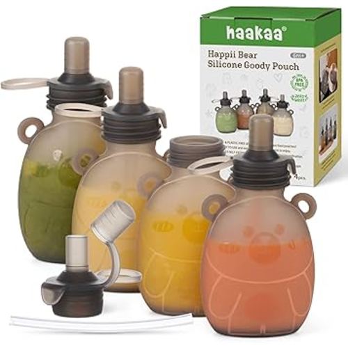 Haakaa Happii Bear Silicone Goody Pouch,Reusable Baby Food Pouches for Homemade Organic Purees, Juices, Smoothies, and Yogurt - Perfect for Toddlers and Kids - 4 Pack, 6oz