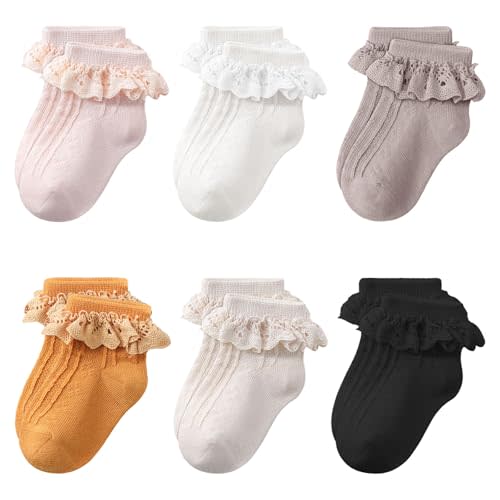 Witwot 6 Pairs Toddler Ruffle Socks Baby Girls Frilly Lace Socks Kids Ankle Dress Socks 1t -8 Years