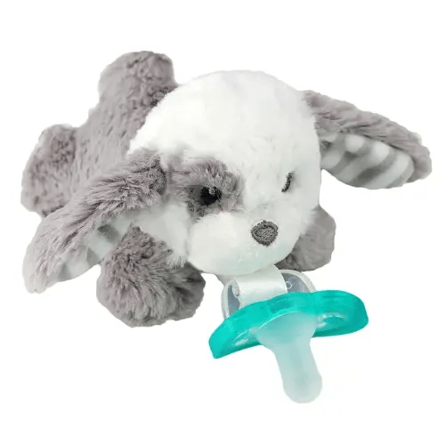 RaZbaby JollyPop Pacifier, Holder w/Detachable Baby Pacifier, Stuffed Animal RaZbuddy, All Ages 0M+, 100% Medical Grade USA Made Silicone, Machine Washable, Textured & Easy to Hold – Puppy