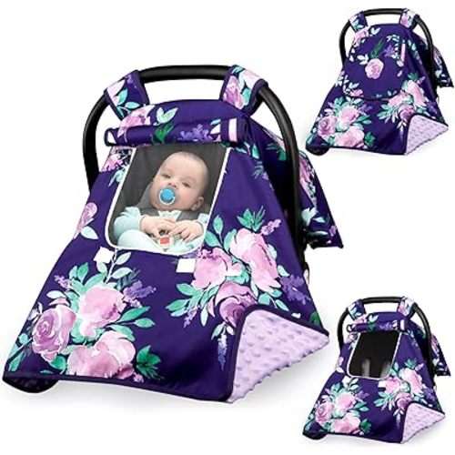 Baby Carseat Seat Cover Girls, Winter Carseat Canopy, Cozy & Warm Cover with Zipper Peep Windows, Infant Minky Carrier Cover, Soft Breathable, Baby Must Have, Purple Stuff