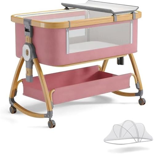 Baby Bassinet, Bedside Bassinet for Baby, 4 in 1 Portable Bassinet Bedside Sleeper with Wheels Mosquito Net & Storage Basket, 6 Height Adjustable Rocking Bassinet for Newborn Baby