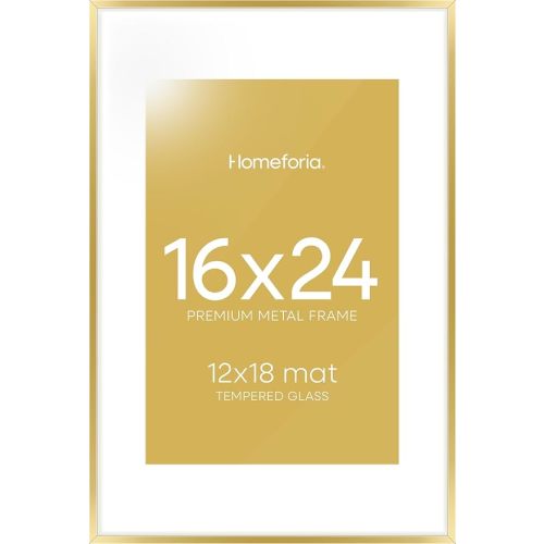 Homeforia 16 x 24 Picture Frame Gold, High End Metal 16x24 Poster Frames with Mat 12x18 Photo, 16 x 24 Gold Frame Matted to 12 by 18 Print, 24x16 Thin Hanging Frame, Tempered Glass, Wall Kit, Set of 1