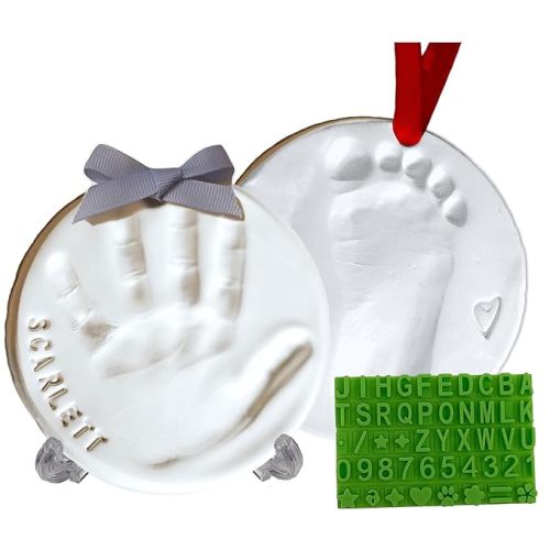 Baby Handprint Footprint Keepsake Ornament Kit (Makes 2) - Bonus Stencil for Personalized Christmas, Newborn, New Mom & Shower Gifts. 2 Easels! Non-Toxic Clay, Air-Dries Light & Soft, Won't Crack.