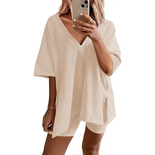 Ekouaer Womens Pajamas 2 Piece Lounge Sets Oversized V Neck T-Shirts Tops Biker Shorts Set Workout Reversible Tracksuit S-XXL