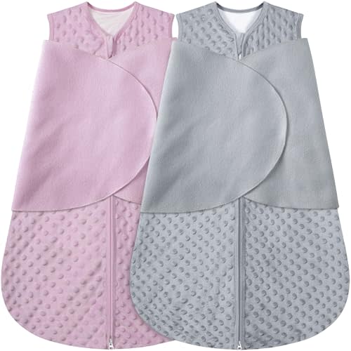 BSTOPPT Fleece Newborn Sleep Sack Baby Swaddle,3-Way Adjustable Wearable Blanket,2 Pack Fleece Swaddling Sleeping Bag TOG 2.0， (Gray & Pink, 0-3 Months)