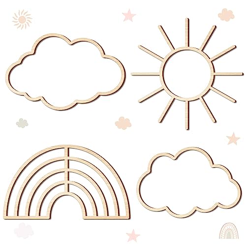 4 Pieces Boho Nursery Cloud Star Wall Decor Wooden Babyroom Moon Rattan Wall Decor Wooden Rainbow for Children Baby Kids Boys Girls Bedroom Nursery Pendant(Cloud Rainbow Sun)