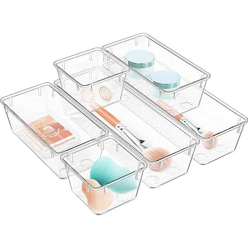 WOWBOX 6 Pack Clear Drawer Organizer Set, Acrylic Drawer Storage Trays, Storage Bins for Makeup, Cosmetics, Jewelries, Utensils, Gadgets, Office