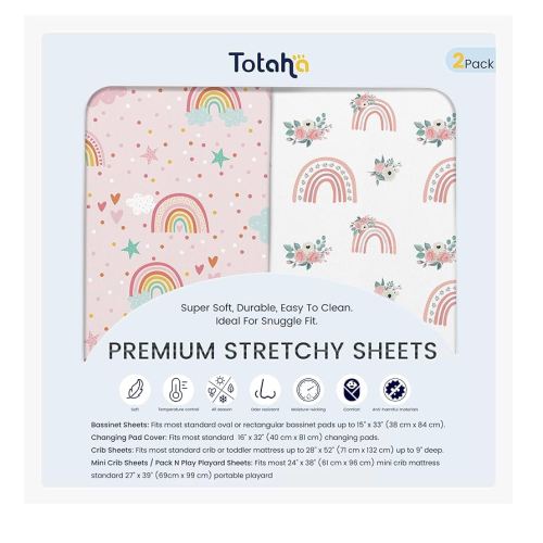 TotAha Pink Rainbow Crib Sheets Girl - Hypoallergenic, Silky Comfort, Buttery Soft, Calming Effect, All-Season Premium Stretchy Jersey-Knit Sheets, 9'' Extra Deep Pocket-2 Pack