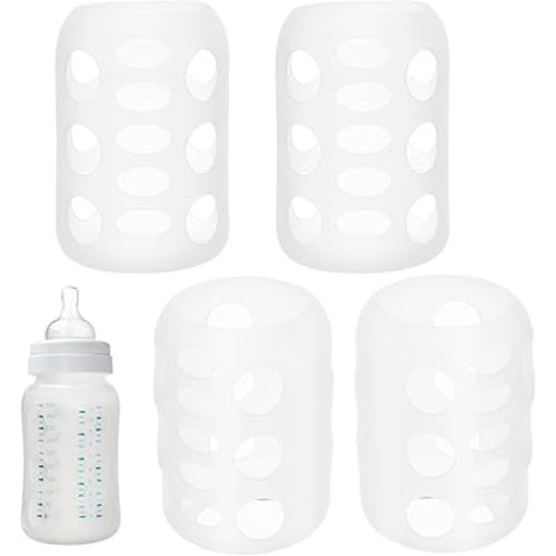 4-Pack Silicone Baby Bottle Sleeves for Glass Bottles, Non-Slip Shock-Absorbent Protective Cover with Hollow Visible Scale, 5-8oz Universal Fit for Infant Nursery, White