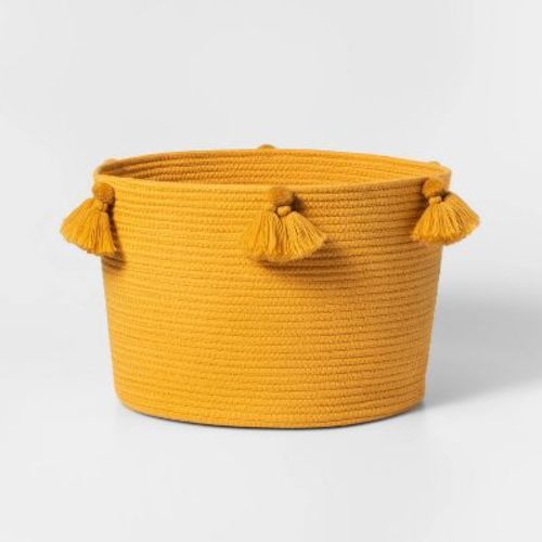 Small Coiled Rope Kids' Basket With Tassels Yellow - Pillowfort™: Toy Storage, Woven Accents, Circular, 13"x13"x7"