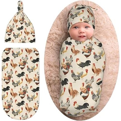 Rooster Chickens Baby Girl Boy Gifts Newborn Swaddle Blanket with Beanie Set,Stretchy Receiving Blanket Newborn Essentials Funny