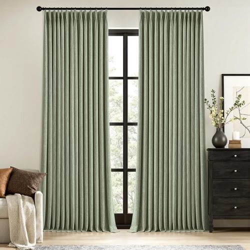 MIULEE Sage Green Pinch Pleated 100% Blackout Linen Curtains 90 Inch Length 2 Panels Set, Black Out Memory Trained Pleat Curtains Light Blocking Room Darkening Drapes for Bedroom Living Room Window