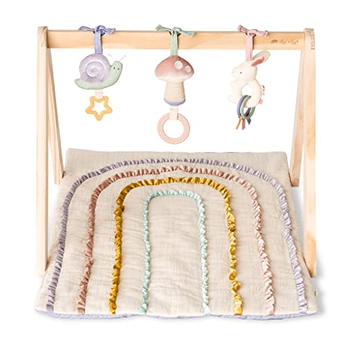 Itzy Ritzy Baby Activity Gym with Quilted Play Mat and 3 Removable Toys - Premium Wooden Baby Gym for Infant Play, Includes Playmat and 3 Coordinating Toys (Pastel Rainbow)