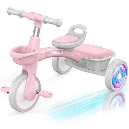SEREED Colorful Lighting Toddler Tricycle for 2-5 Years Old Girls, Adjustable Seat&Handlebar Trike, Removable Basket, Birthday Gift Idea for Kids Ages 2+ (Pink)