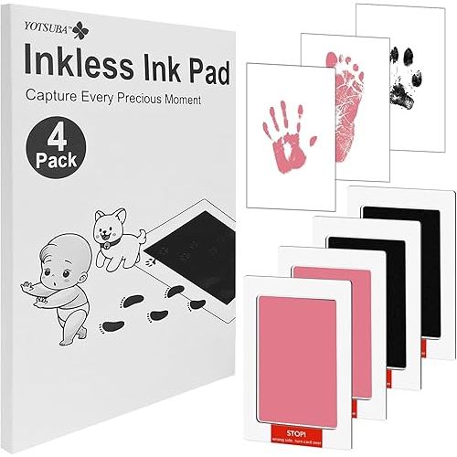 Newborn Footprint Handprint Safe Inkless Gift Foot Hand Print Wipe Kit Gifts (Black/Pink, 4-Pack)