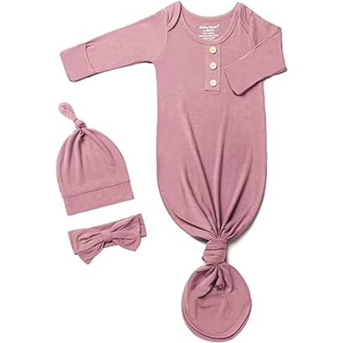 Newborn Baby Knotted Gown, Super Soft Silky Infant Long Sleeve Sleeper with Tie Bottom, Baby Girl and Boy Sleep Gown with Mittens, Bow, and Hat Set[Bean Pink,0-3 Months]