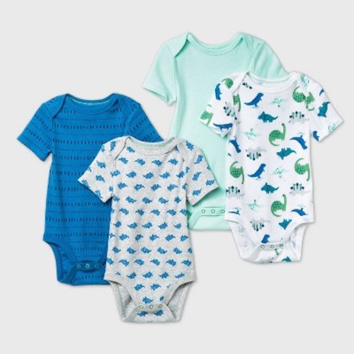 Baby Boys' 4pk Dino Dreams Short Sleeve Bodysuit - Cloud Island™ Blue/White/Gray 0-3M