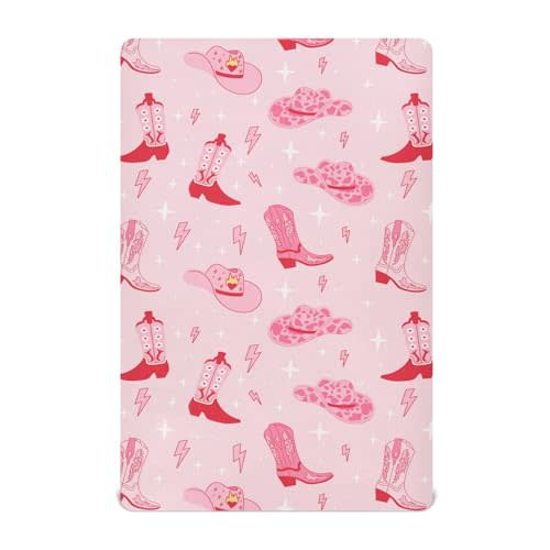 Mazeann Pink Western Cowgirl Boots Crib Sheets Soft Breathable Fitted Baby Crib Sheets Mattress Cover for Girl Boys, 52" x 28" x 9"