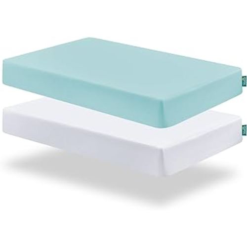 Biloban Pack and Play Sheets Fitted, 2 Pack Pack and Play Sheet Fits for Graco Pack n Play Mattress, Neutral Playard Sheets for Baby Boys and Girl, White & Aqua, 38”X 26”
