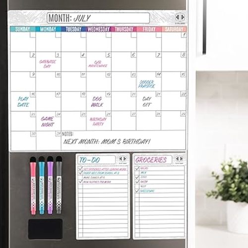 Dry Erase Magnetic Calendar for Refrigerator 16.5x13; 2 Wide Notepads; 4 Markers; Eraser - No Stain Monthly Fridge Calendar Whiteboard