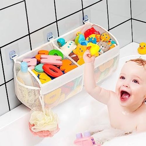 Original Two Compartment Easy-access Mesh Bath Toy Organizer for Bath Tub with Large Openings Quick Drying Cute Toddler Bath Toy Storage Holder for Baby
