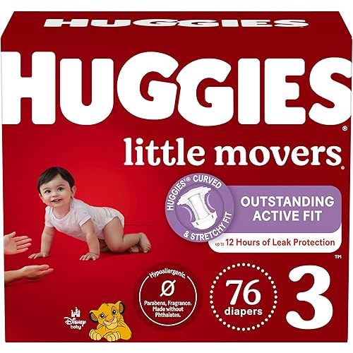 Huggies Size 3 Diapers, Little Movers Baby Diapers, Size 3 (16-28 lbs), 76 Count (2 packs of 38), Packaging May Vary