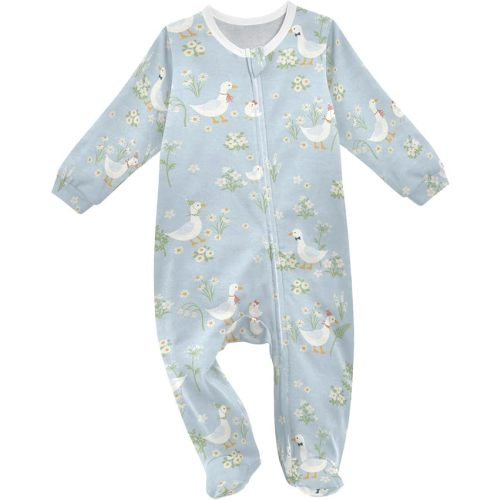 Dussdil Cute Gooses Birds Flowers Baby One-Piece Footies Newborn Rompers Pajamas Footed Pjs for Sleep Play Boys Girls