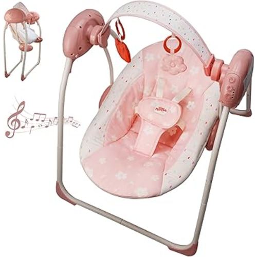 Baby Swings for Infants, Tiny Marvels Portable Swing with Adaptable Speed, Music, Removable-Toy-Bar, Foldable Infant Swing for Indoor and Outdoor Use, 0-9 Months 6-20 lbs(Blush Bloom)