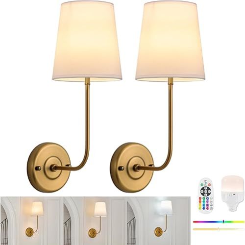 TERLEENART Set of 2 Battery Operated Wall Sconce with Remote Control and White Fabric Shade,15 Colors Dimmable 5200mAh Rechargeable Cordless Wall Lamp for Living Room Bedroom Hallway,2 Bulbs Included
