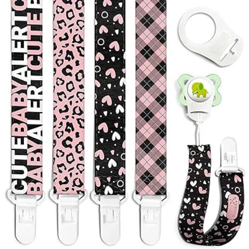 PUTSKA Girls Pacifier Clip - 4 Pack Girl Paci Holder Set of Unique Modern Design. Binky Clip Fits All Pacifiers/Soothers. Baby Girls Pacifier Clips Teether Holder