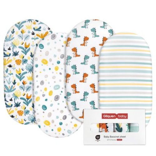 Gllquen Premium Soft Breathable Bassinet Sheets Set for Infant Boys, 4 Pack, Jurassic Design