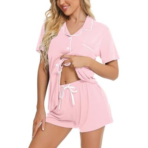 SWOMOG Womens Button Down Pajamas Set Short Sleeve Sleepwear Bride Soft Pj Lounge Sets XS-3XL