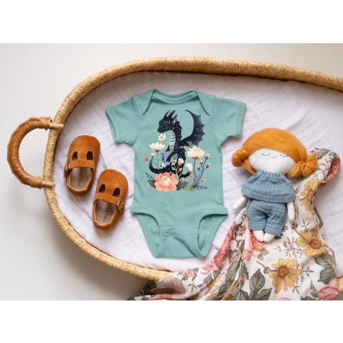 Cute Floral Dragon Reading Nerdy Baby Onesie© Baby Shower Bodysuit Infant Clothing Bookish Literary Gift