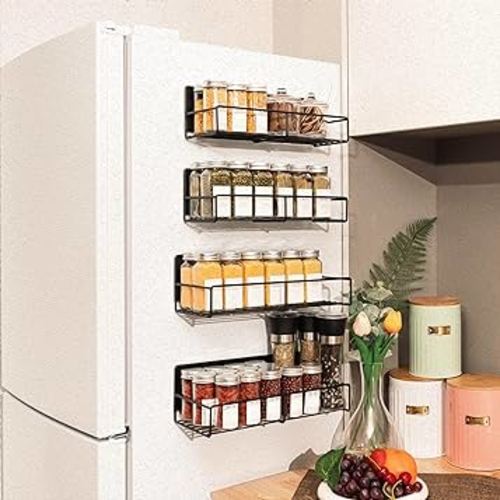 Strong Magnetic Spice Rack For Refrigerator, Large Size Space Saving Organizer, Durable Shelf for Oven, Fridge - 4 Pack - Iron - Black