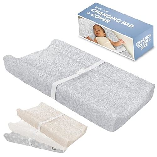 Jool Baby Serenity Soft Changing Pad + Washable Cover, Non-Slip - Fits Standard Changing Tables & Dressers (Cloud Pattern, Gray) | Makes Changing Time Easier With Contoured Sides & Safety Strap – Includes Machine Washable Zip-Off Cover for Easy Cleaning
