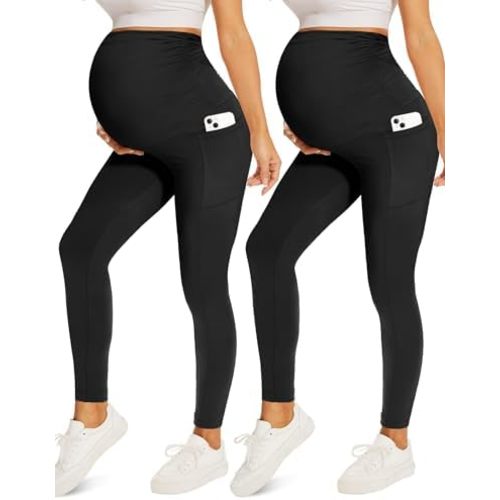 Fotociti 2 Pack Maternity Leggings With Pockets Over The Belly,Womens Pregnancy Workout Yoga Active Soft Tights Pants